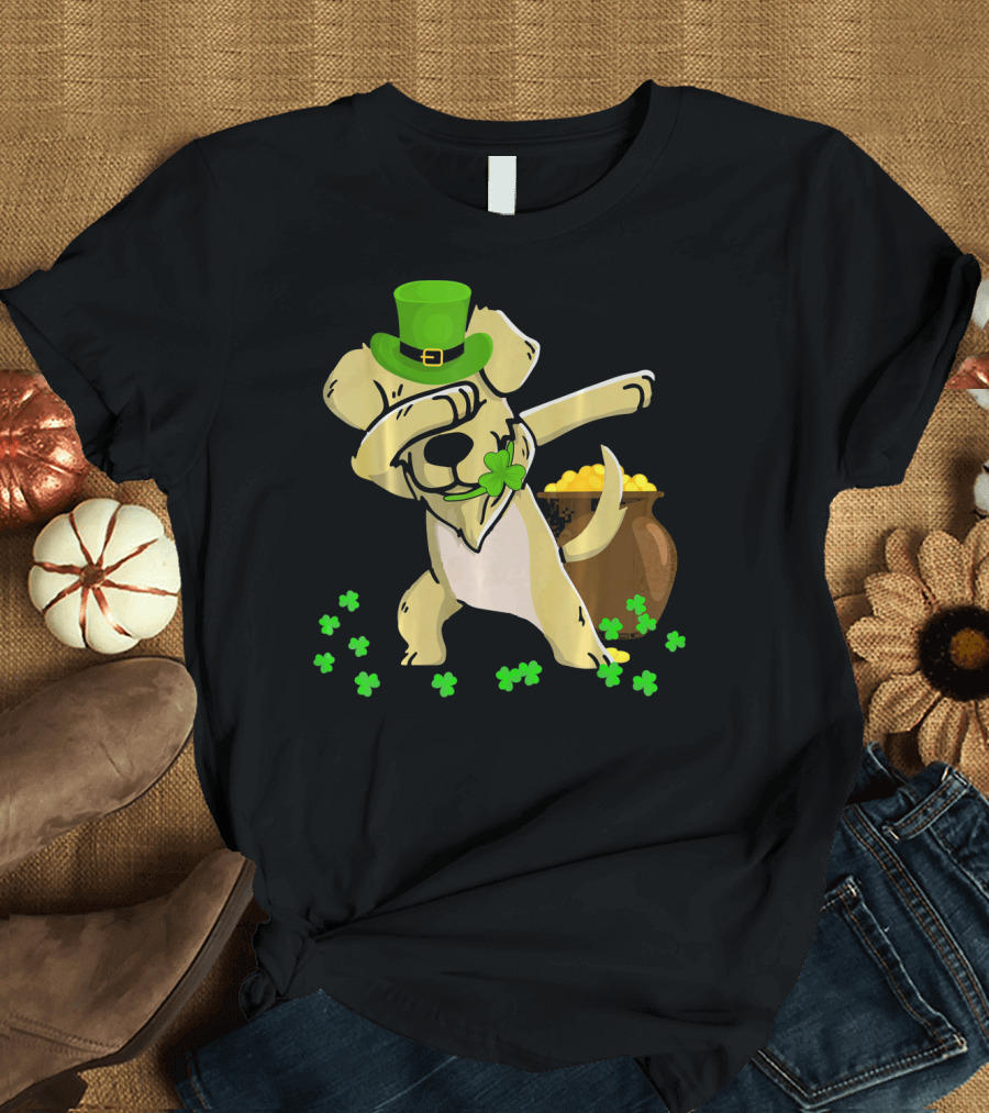 Golden Retriever Dabbing St Patrick's with Shamrock and Gold Pot T-Shirt