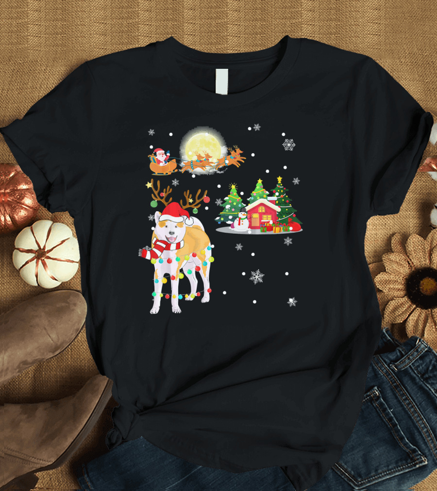 Festive Akita Inu With Santa and Reindeer Under the Christmas Moon T-Shirt