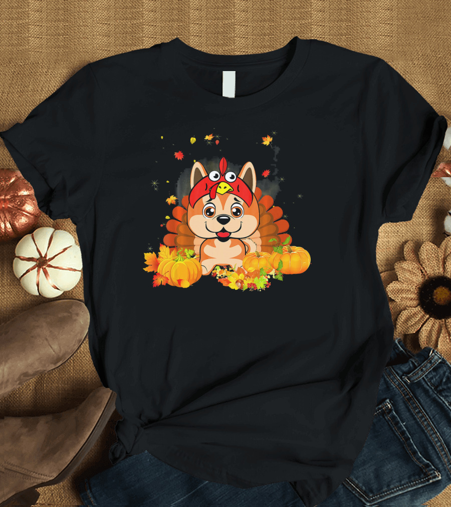 Akita Dog Wearing Turkey Hat with Pumpkins and Fall Leaves T-Shirt