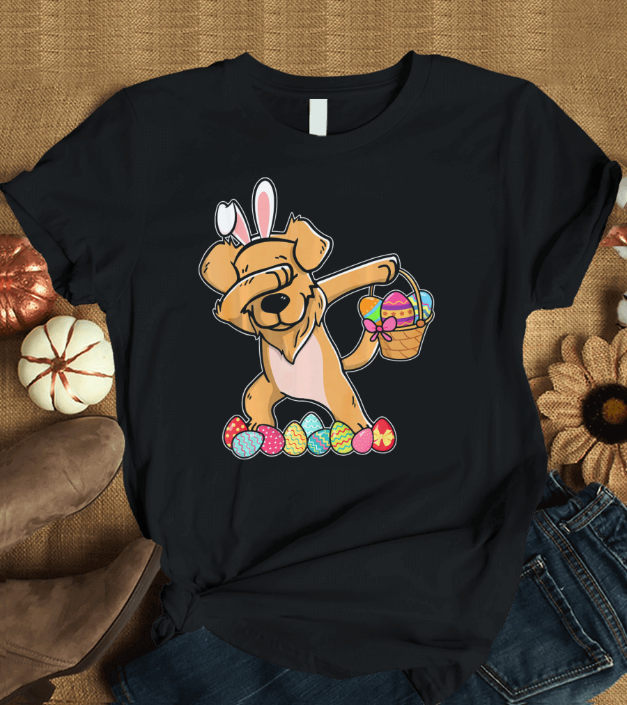 Golden Retriever Dab Dabbing Easter Bunny with Basket of Colorful Eggs T-Shirt