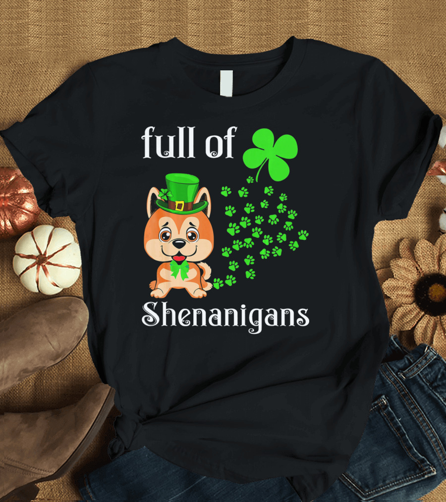 Full Of Shenanigans Akita Inu St Patrick's Day Clover Hat Paws T-Shirt