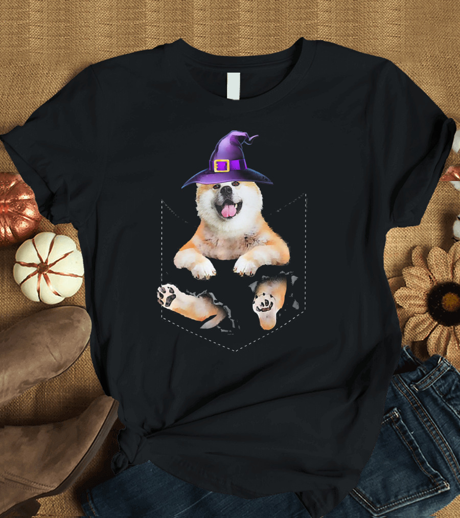 Akita Dog with Witch Hat Broom Pocket Halloween T-Shirt
