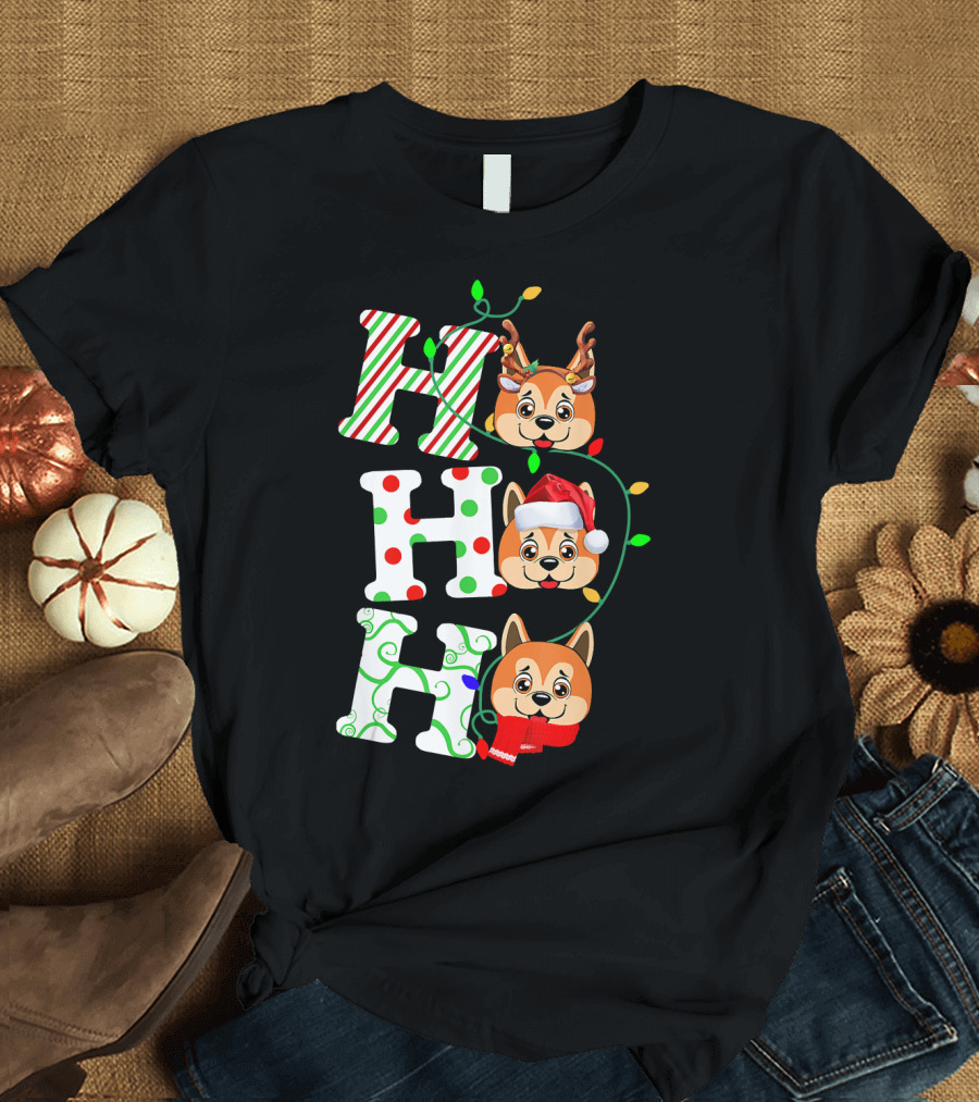 Ho Ho Ho Akita Christmas Dog Santa Hat Reindeer Lights T-Shirt