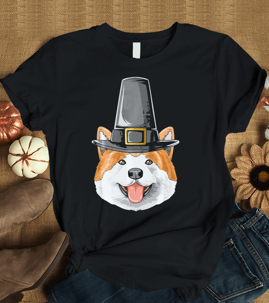 Akita Dog in Pilgrim Hat Thanksgiving Costume T-Shirt