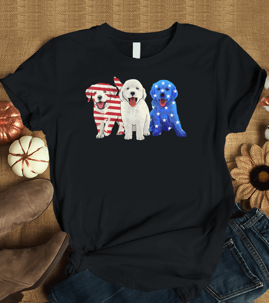 Golden Retriever Puppies with American Flag Colors USA Dog T-Shirt