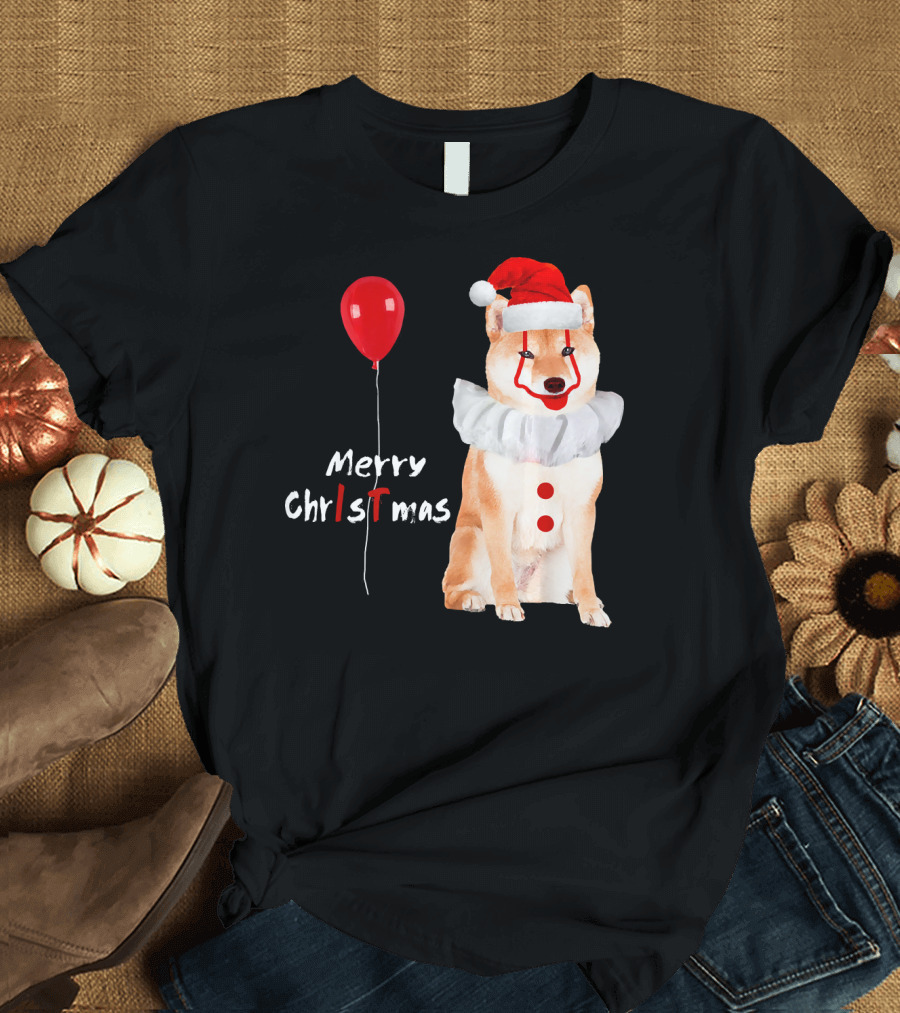 Merry Christmas Akita Horror Clown with Red Balloon T-Shirt