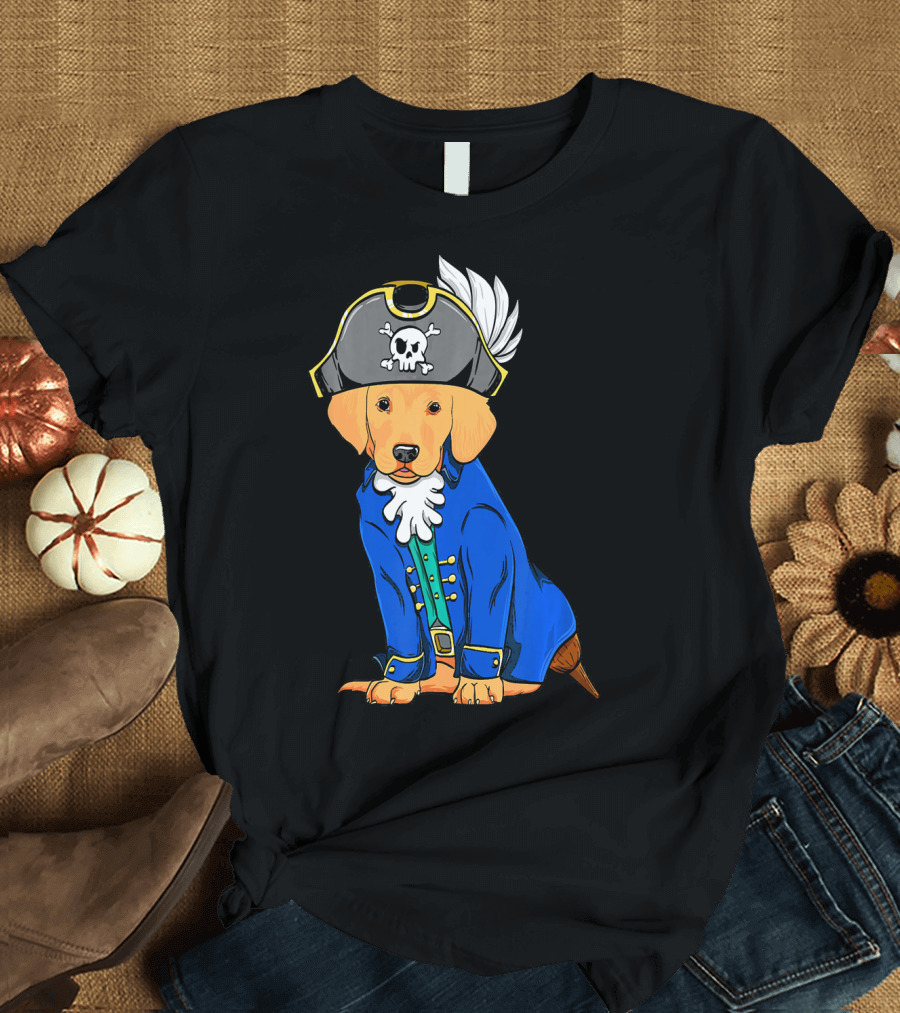 Golden Retriever in Pirate Costume with Skull Hat and Blue Coat T-Shirt