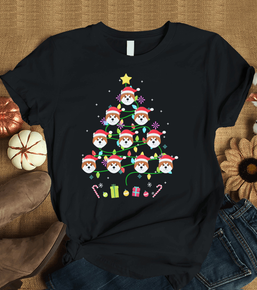 Funny Akita Christmas Tree Santa Hats and Colorful Holiday Lights T-Shirt