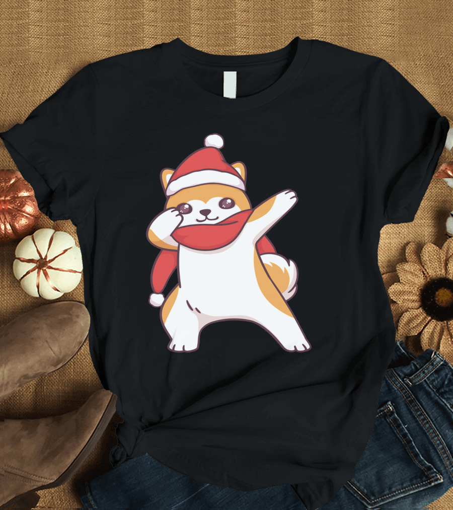 Akita Puppy Dog in Winter Santa Hat Dabbing T-Shirt