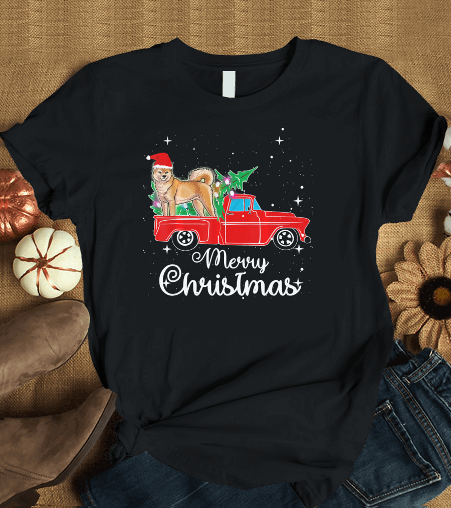 Merry Christmas Akita in Red Truck T-Shirt