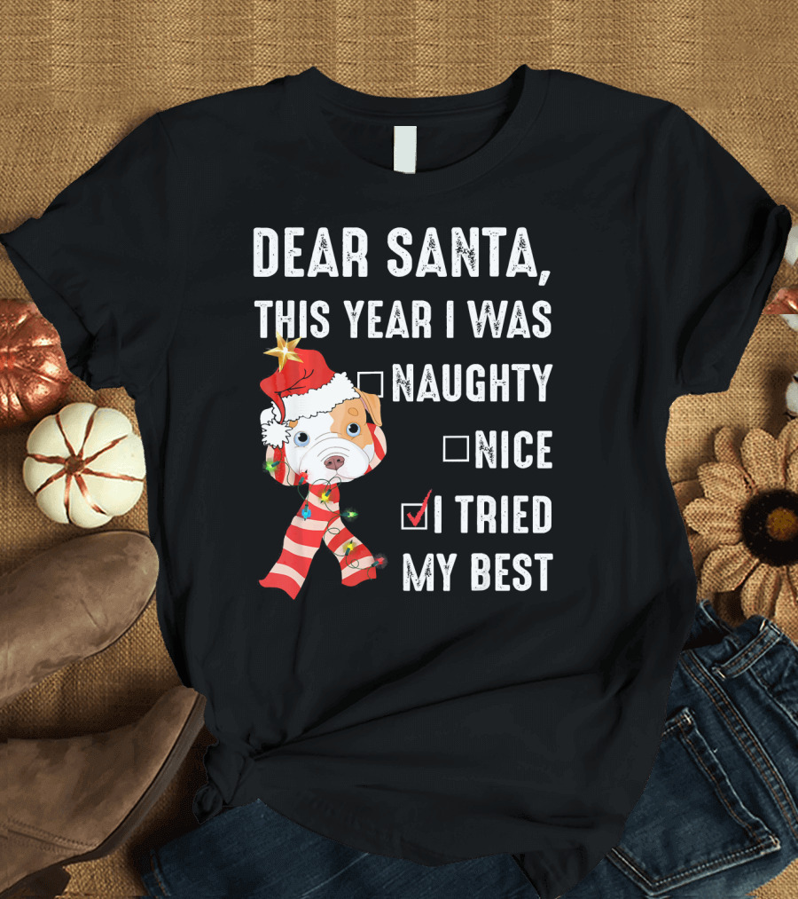 Dear Santa This Year I Was Naughty Nice I Tried My Best Dog Christmas Hat Lights T-Shirt