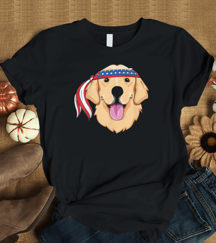 Golden Retriever Patriotic Dog American Flag Bandana T-Shirt