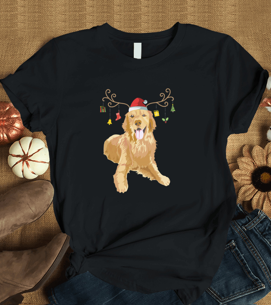 Golden Retriever Ugly Christmas Reindeer Antlers Hat T-Shirt