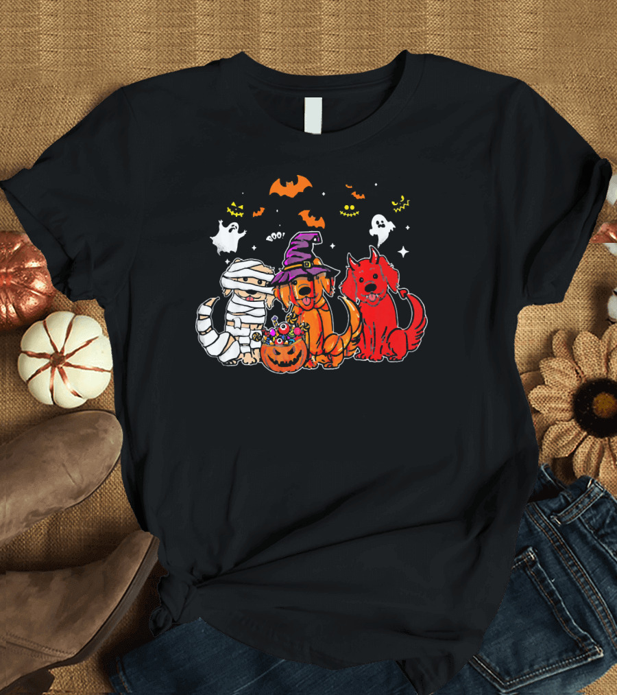 Golden Retriever Mummy Witch Halloween Trio with Ghosts and Bats T-Shirt
