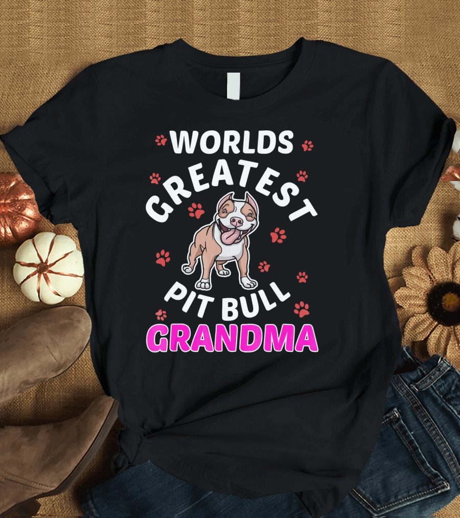 Worlds Greatest Pit Bull Grandma with Paw Prints and Cute Dog T-Shirt