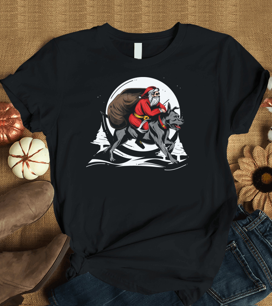 Santa Deliveries Riding Christmas Wolf Under Full Moon T-Shirt