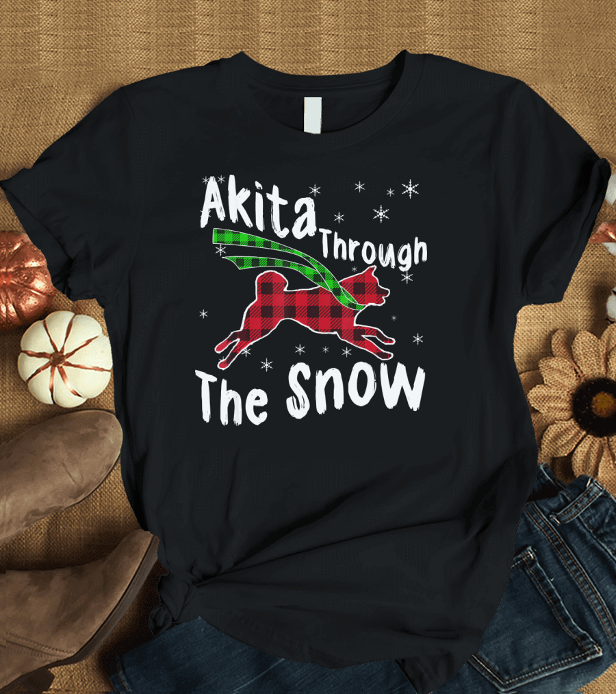 Akita Through The Snow Plaid Snowflakes T-Shirt