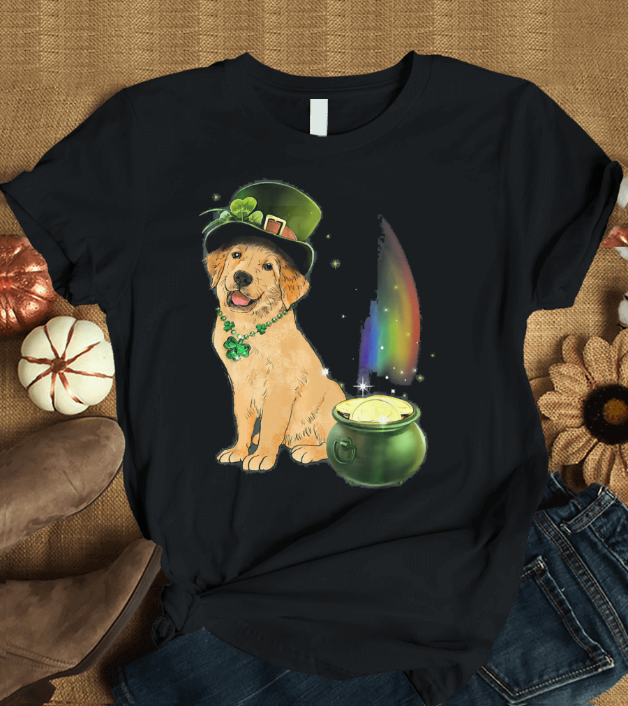 St Patricks Day Golden Retriever Dog with Shamrock Necklace and Leprechaun Hat by Pot of Gold and Rainbow T-Shirt