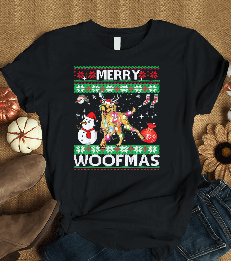 Merry Woofmas Labrador Retriever Christmas Lights Snowman Antlers T-Shirt