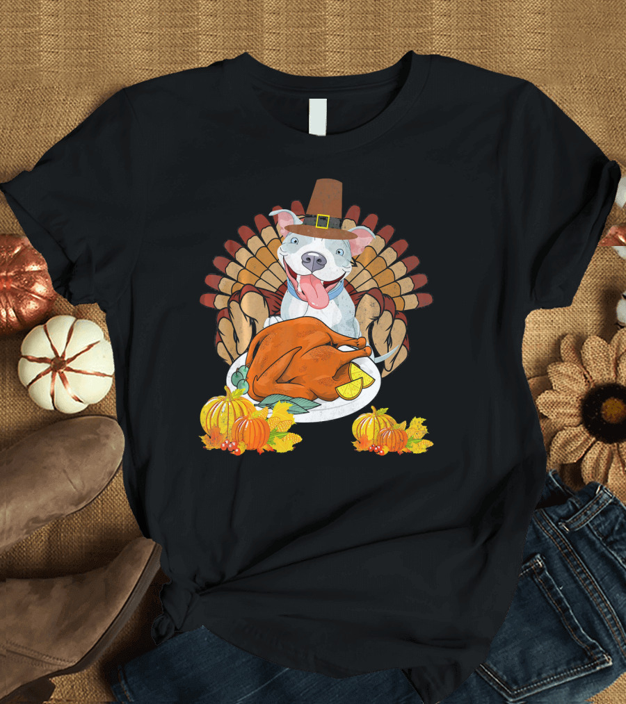 Thanksgiving Pit Bull Turkey Funny Thankful Pilgrim Feast T-Shirt