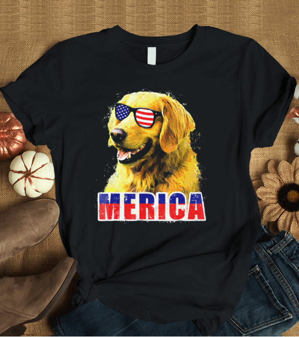 T-Shirt: MERICA Dog Golden Retriever American Flag Sunglasses T-Shirt MERICA Dog Golden Retriever American Flag Sunglasses T-Shirt