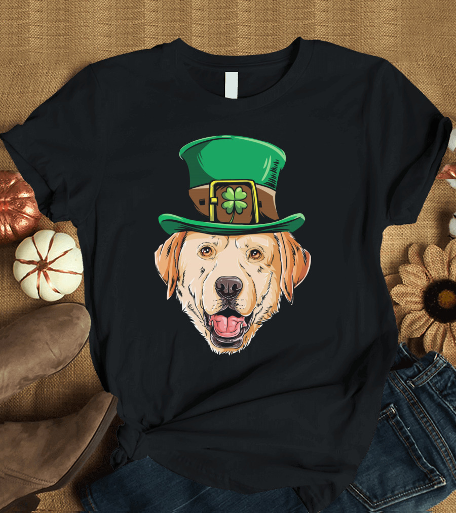 Labrador with Green Leprechaun Hat and Shamrock Buckle T-Shirt
