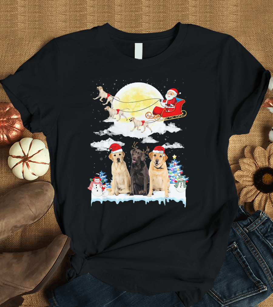 Labrador Retriever Dogs with Santa Sleigh and Christmas Tree Moon Scene T-Shirt