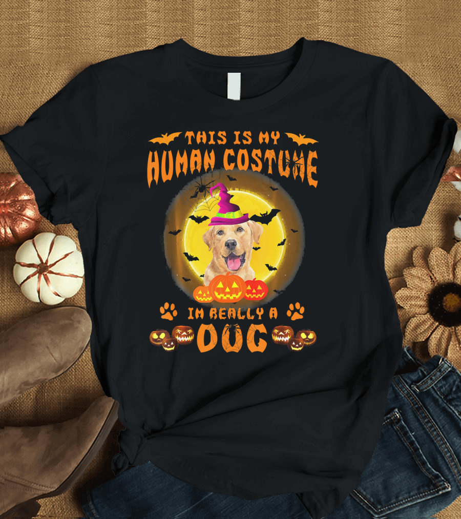 This Is My Human Costume I'm Really a Dog Yellow Labrador Retriever Halloween Pumpkins and Bats T-Shirt