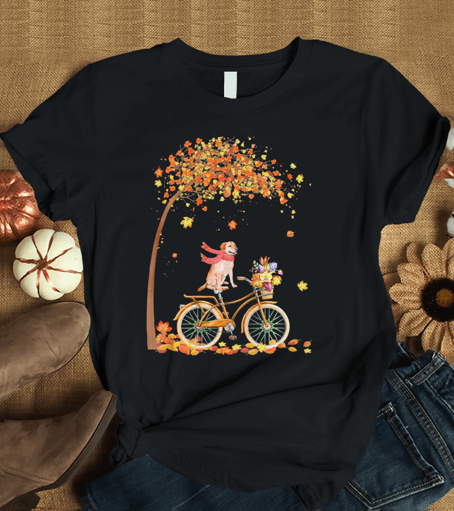 Labrador Retriever Autumn Bicycle Ride Under Falling Leaves T-Shirt