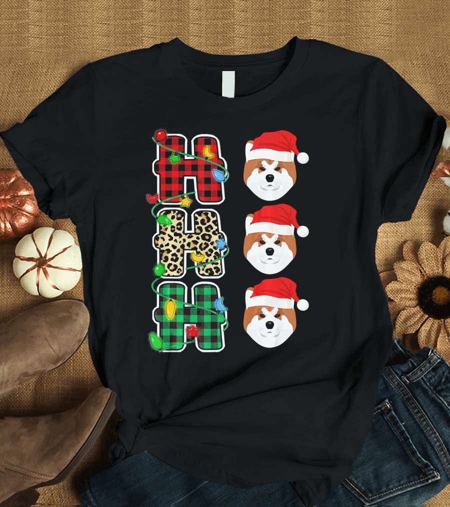 HO HO HO Plaid Leopard Santa Hat Akita Christmas Lights T-Shirt