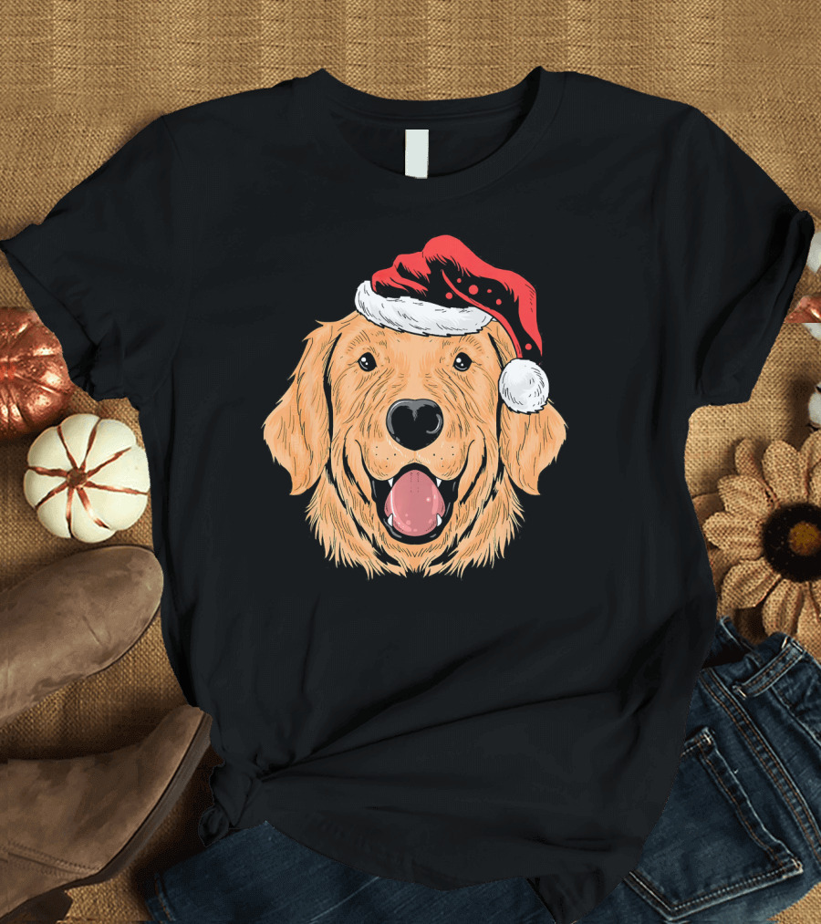 Santa Hat Golden Retriever Puppy Dog T-Shirt