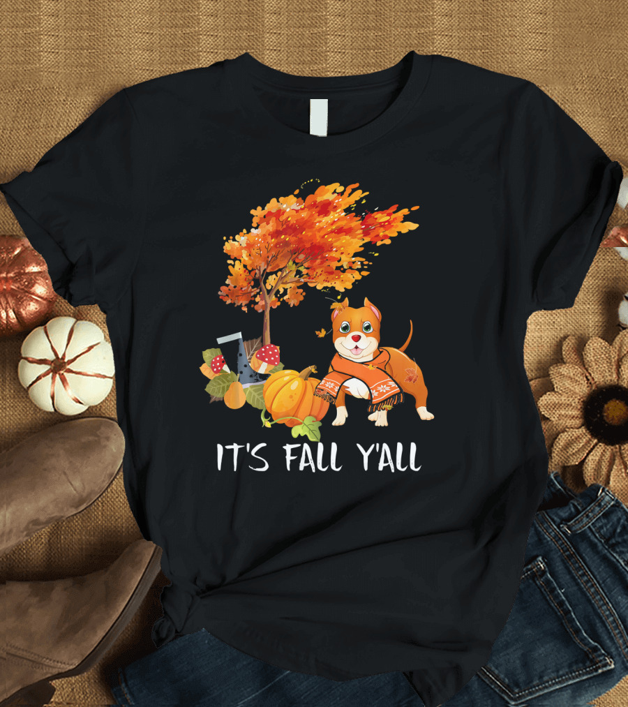 It's Fall Y'All Pit Bull Dog Autumn Pumpkin Leaves Tree T-Shirt