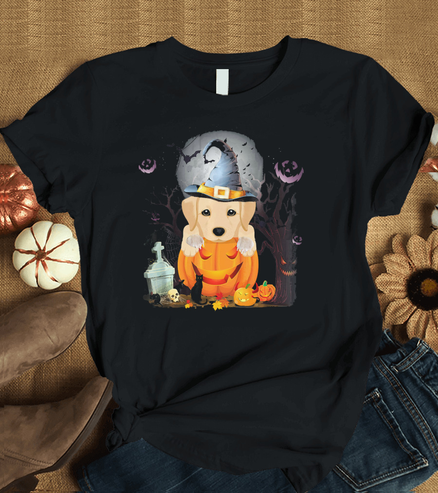 Labrador Retriever Dog in Pumpkin with Witch Hat Halloween Scene T-Shirt