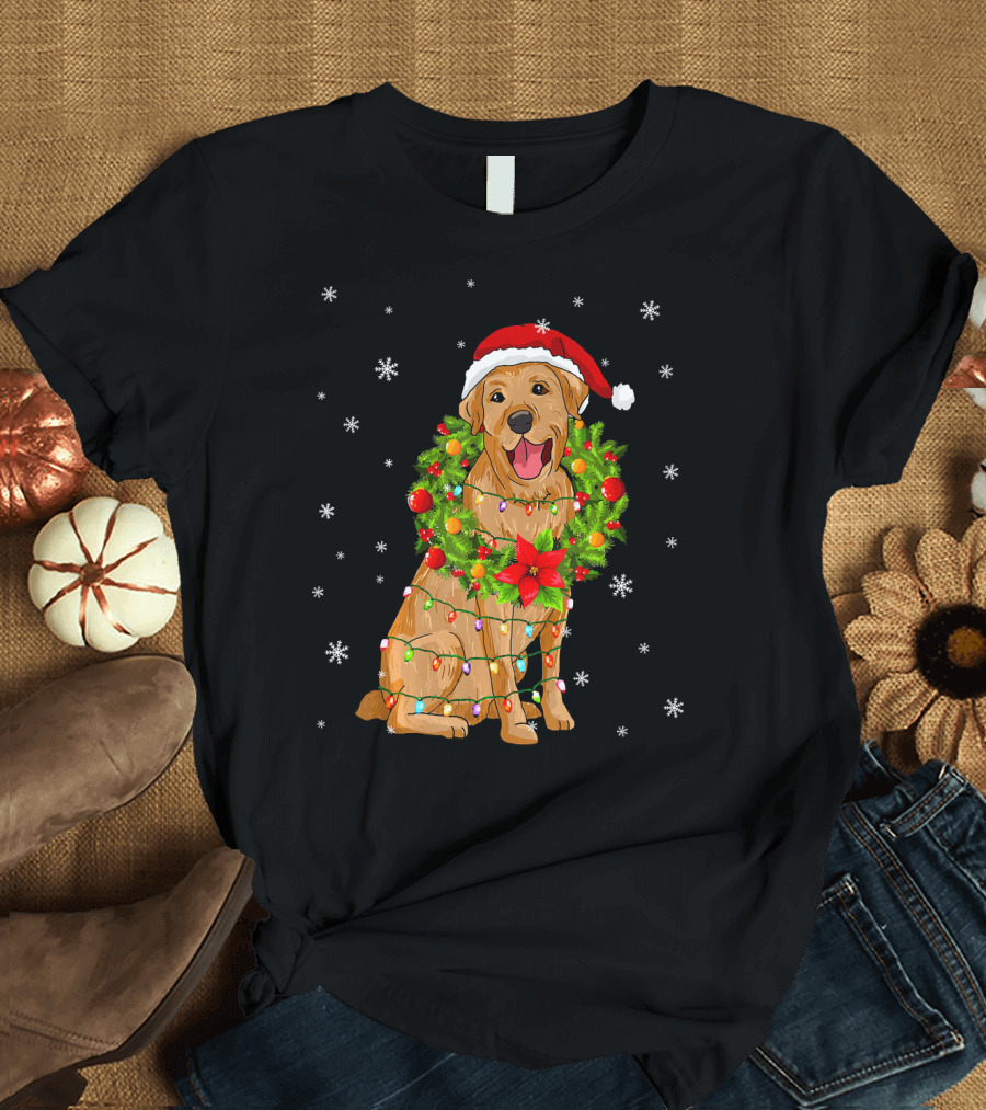 Santa Labrador Retriever Wrapped in Christmas Lights and Wreath T-Shirt