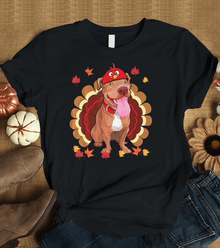 Turkey Pit Bull Funny Lover Thanksgiving Dog Hat Autumn Leaves T-Shirt