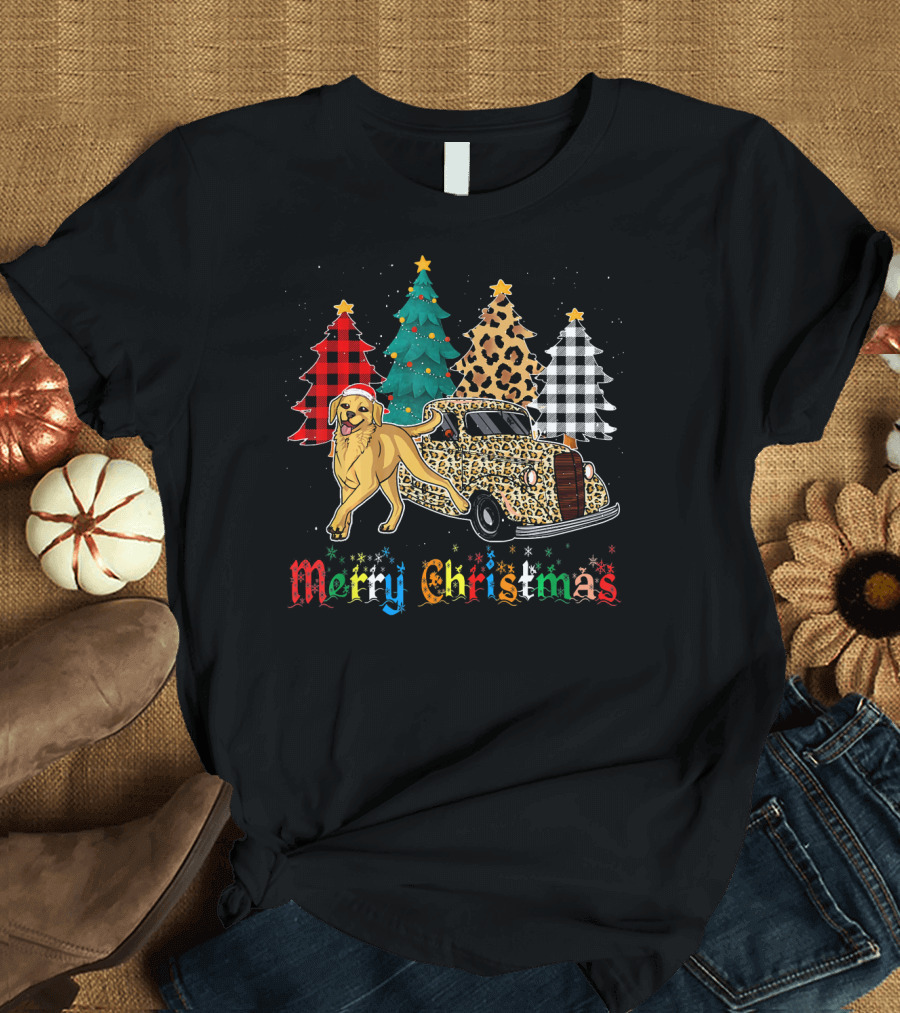 Merry Christmas Labrador Retriever Leopard Plaid Truck and Trees T-Shirt