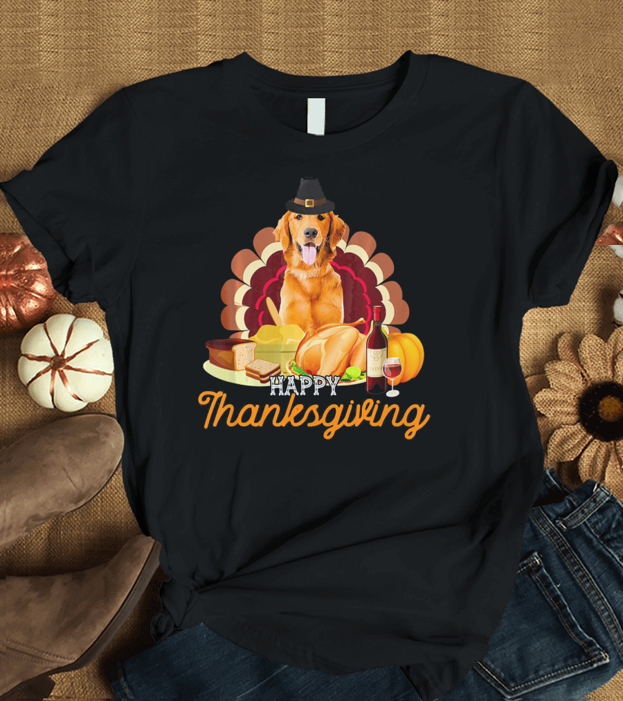 Happy Thanksgiving Pilgrim Golden Retriever Turkey Feast T-Shirt