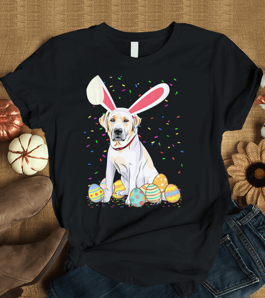 Labrador Dog with Bunny Ears Sitting Among Colorful Easter Eggs T-Shirt