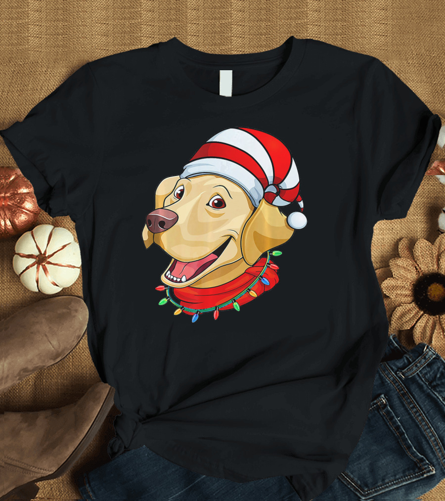 Labrador Retriever with Santa Hat and Christmas Lights T-Shirt