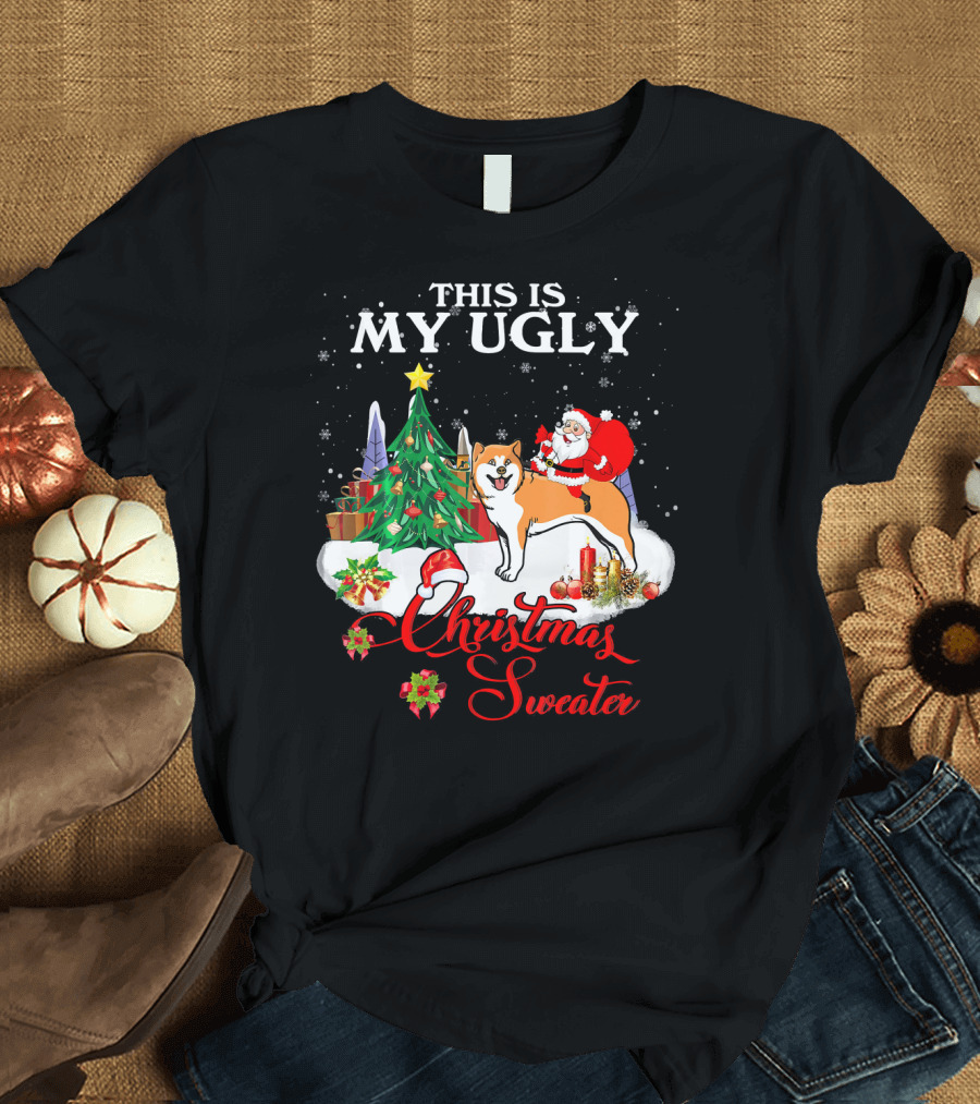This Is My Ugly Christmas Sweater Santa Riding Akita T-Shirt