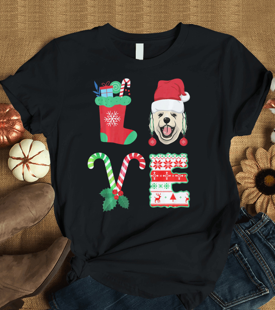 Love My Golden Retriever Christmas Santa Hat Stocking Candy Cane T-Shirt