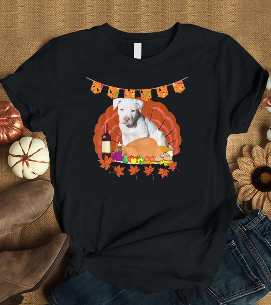 Thanksgiving Pit Bull Puppy Feast Turkey Decor Pumpkin Leaves T-Shirt