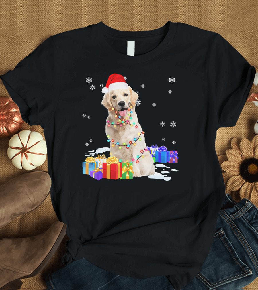 Santa Golden Retriever Wrapped in Christmas Lights and Gifts T-Shirt