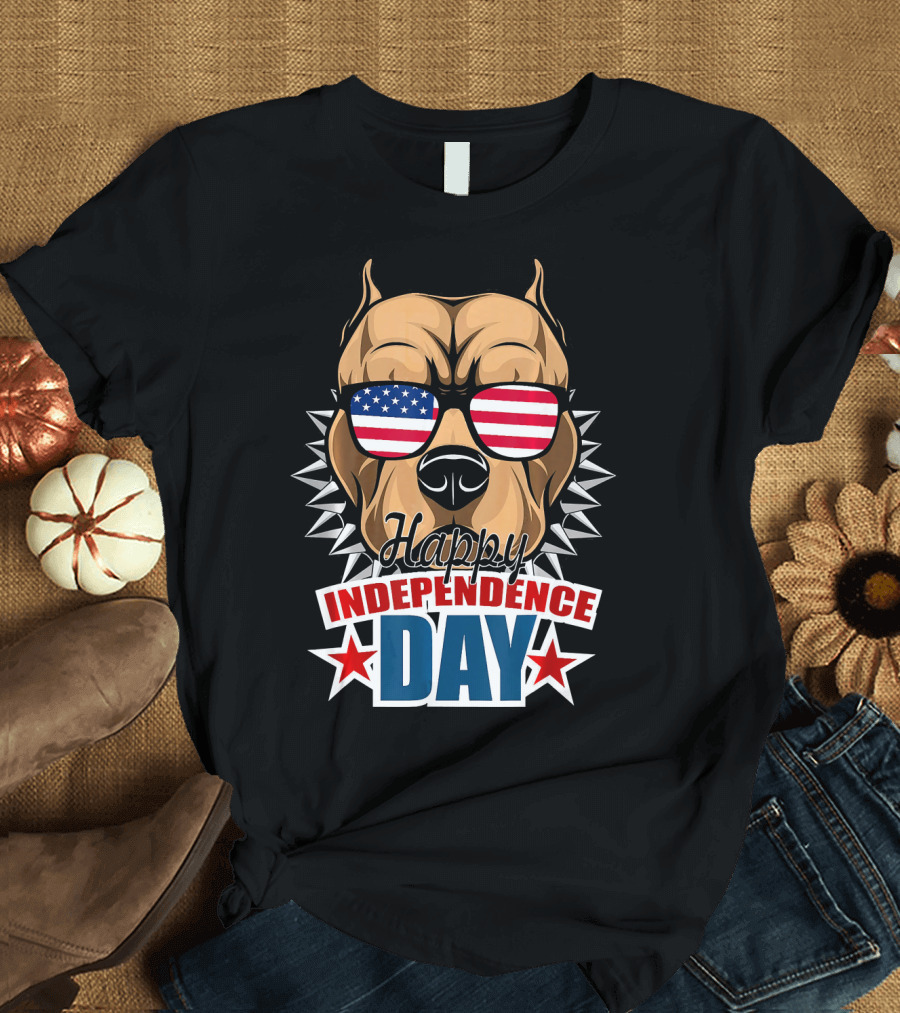 Pit Bull Happy Independence Day with American Flag Sunglasses and Stars T-Shirt