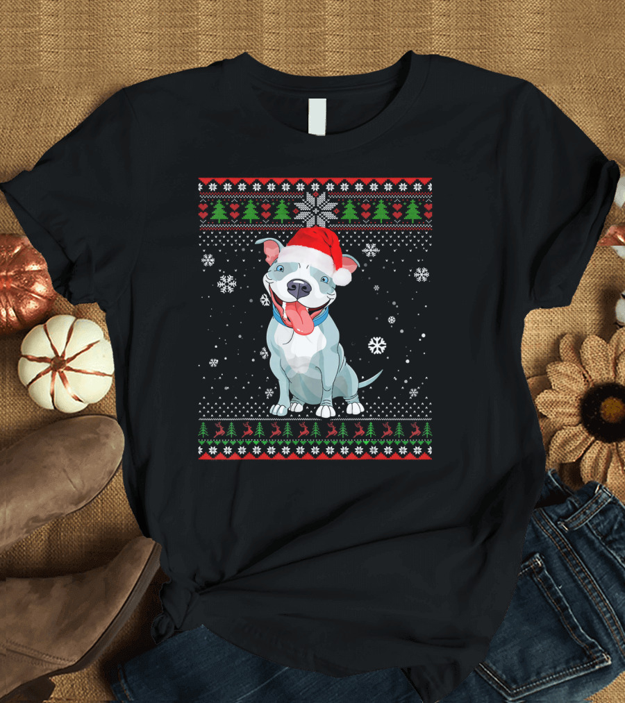 Merry Christmas Pit Bull Santa Hat Holiday Snowflakes Forest T-Shirt