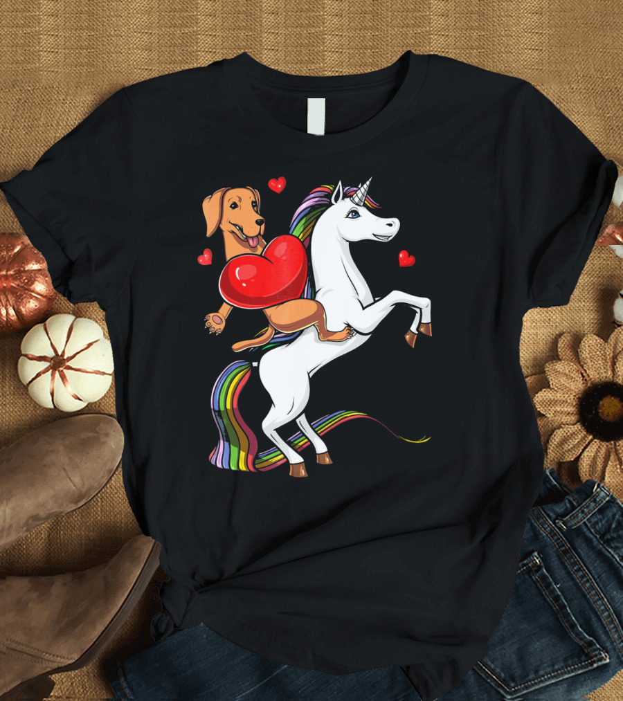 Labrador Retriever Riding Unicorn Heart Valentines T-Shirt
