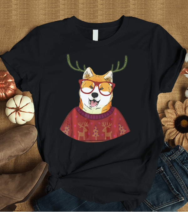 T-Shirt: Reindeer Akita Dog in Festive Sweater with Antlers and Glasses T-Shirt Reindeer Akita Dog in Festive Sweater with Antlers and Glasses T-Shirt