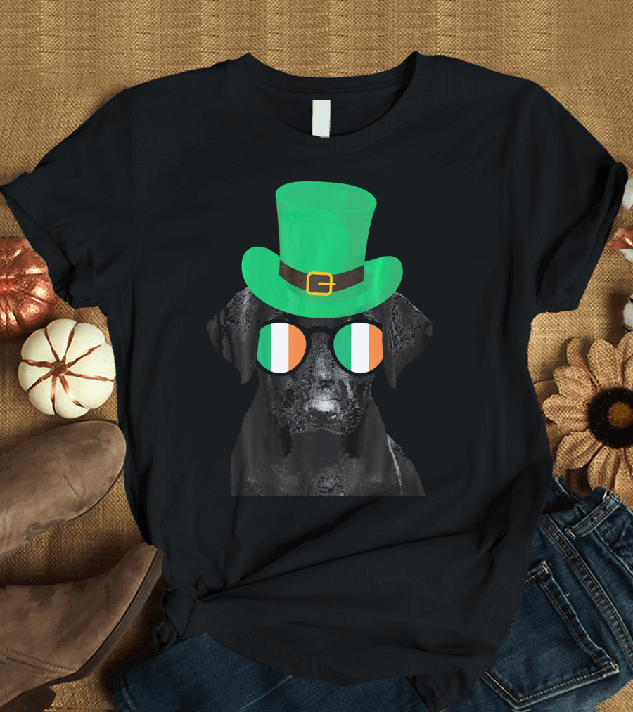 Labrador Retriever in Irish Flag Glasses and Leprechaun Hat St. Patrick's Day T-Shirt