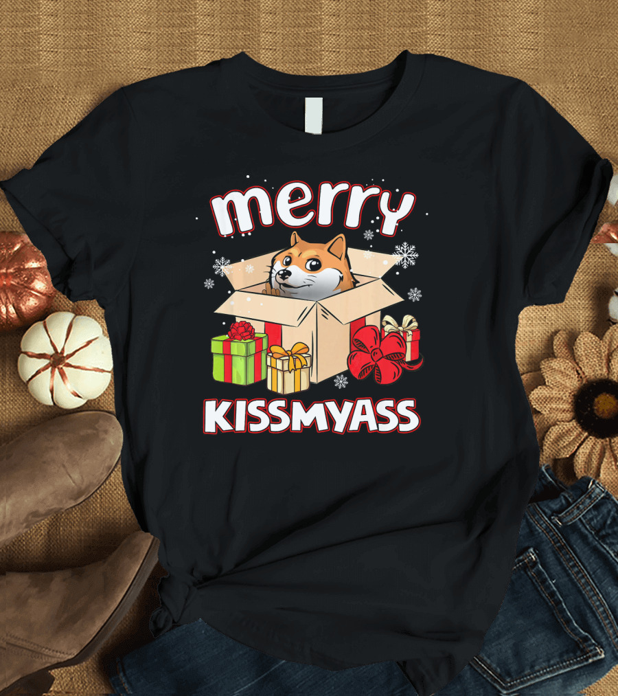 Merry Kissmyass Akita Dog in Christmas Gift Box with Holiday Presents T-Shirt