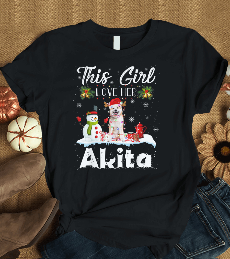 This Girl Love Her Akita Christmas Santa Hat Snowman Lights T-Shirt